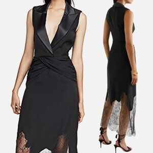 Self-Portrait Black Sleeveless Tailored Midi Lace Sheath Dress US 0 / UK 4 NWT